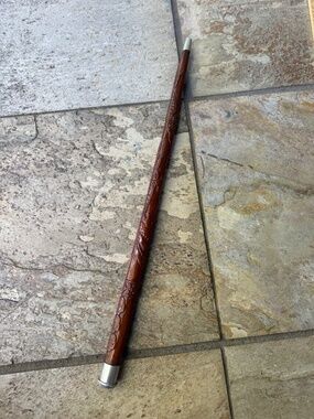Hand Made Carved Wooden “Magic” Wizard Wand Wood Ornate Dragon Floral Silver Tip